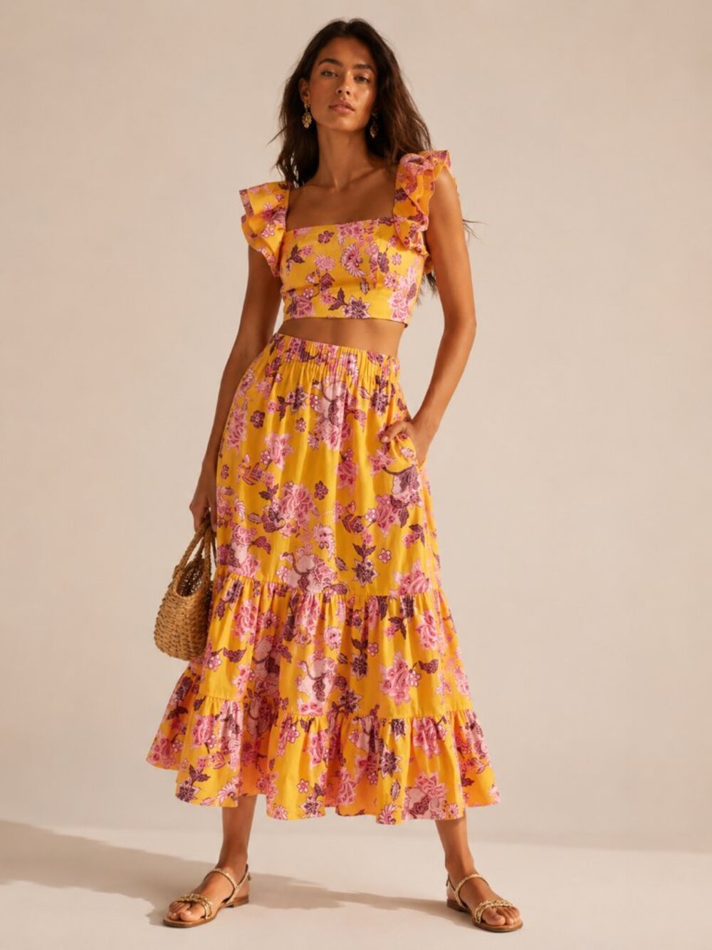 Cara Cara Darby Top Chase Skirt Set Small Cotton Poplin Floral Print Yellow